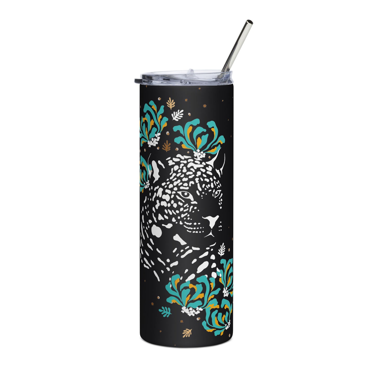 White Jaguar Floral on Black Stainless steel tumbler