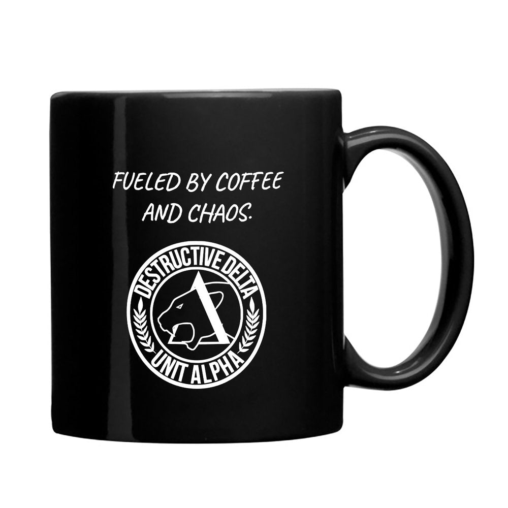 Destructive Delta Fueled By Coffee and Chaos Glossy Mug